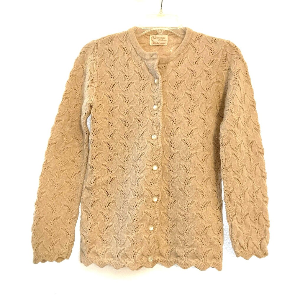 Wintuk Vintage Womens Cardigan Sweater S Tan Scallop Edges Acrylic Retro